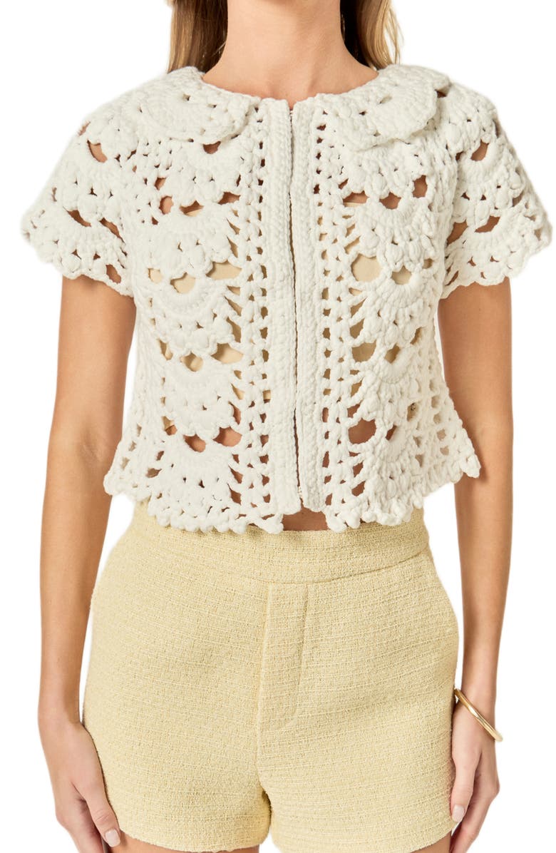 English Factory Crochet Crop Cardigan, Alternate, color, White