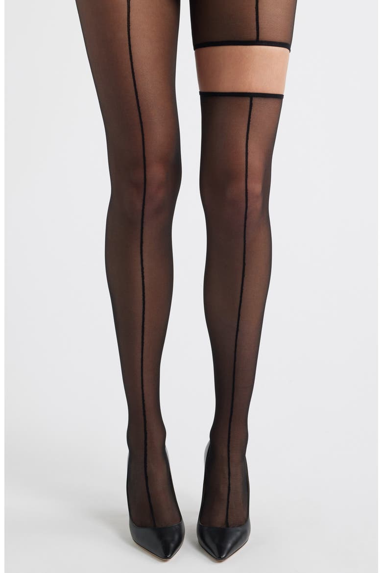 Enigma Cutout Sheer Tights, Alternate, color, BLACK