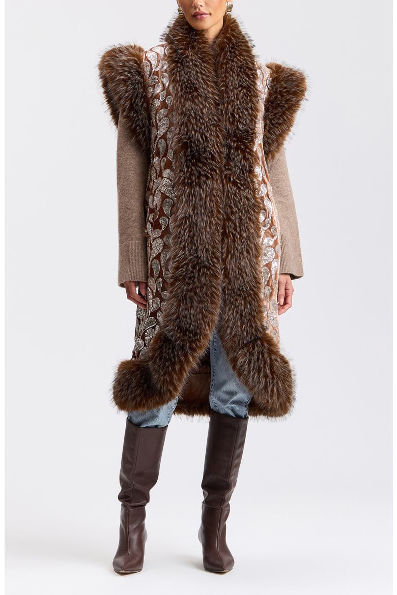 Faux Fur Trim Sequin Embellished Velvet Maxi Vest, Alternate, color, BROWN/ MAUVE