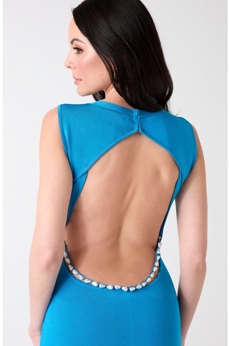 Concha Faux Pearl Detail Open Back Body-Con Dress, Alternate, color, BLUE