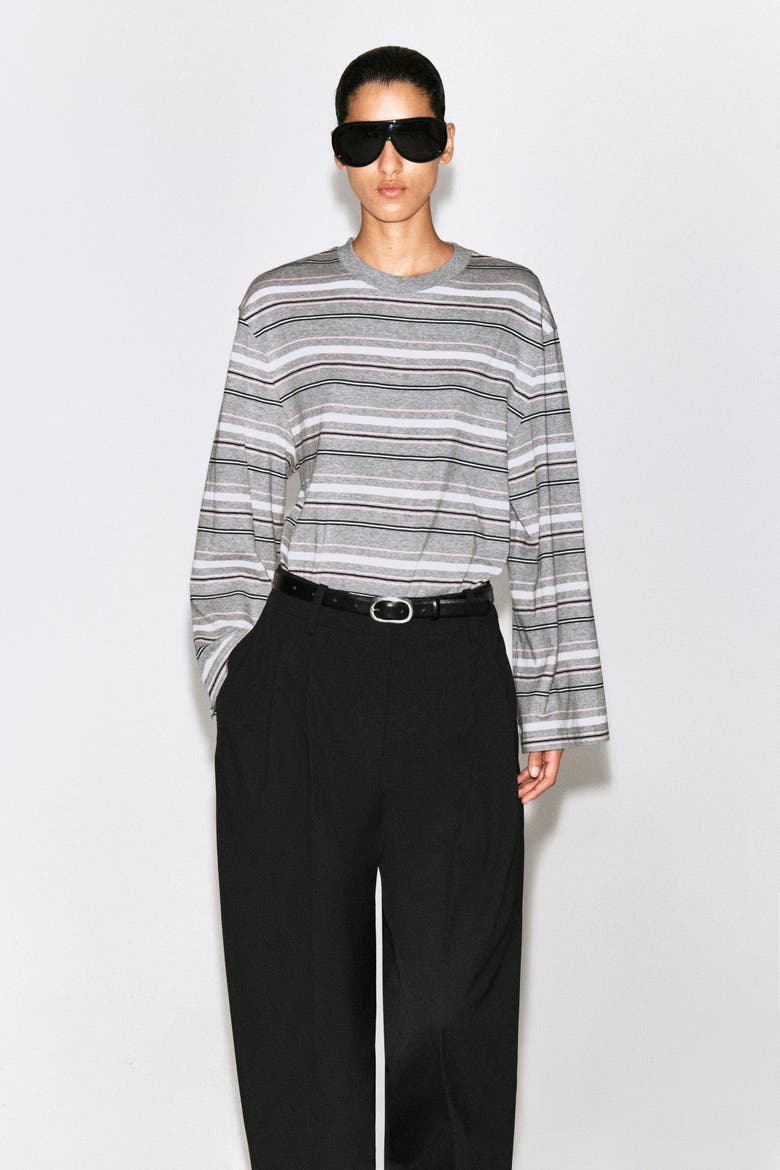Brushed-Cotton Long-Sleeved T-Shirt, Main, color, GRAY / STRIPED