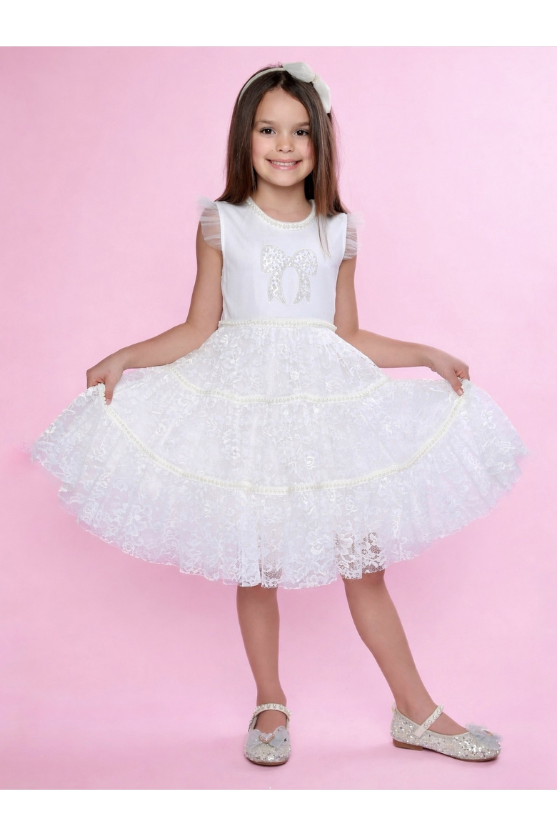 Sweet Lace Pearl & Bow Tiered Dress, Alternate, color, White