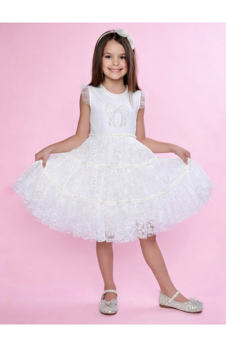 Mia Belle Girls Sweet Lace Pearl & Bow Tiered Dress, Alternate, color, White