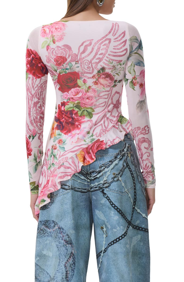AFRM Doris Ruffle Asymmetric Mesh Top, Alternate, color, Wing Rose
