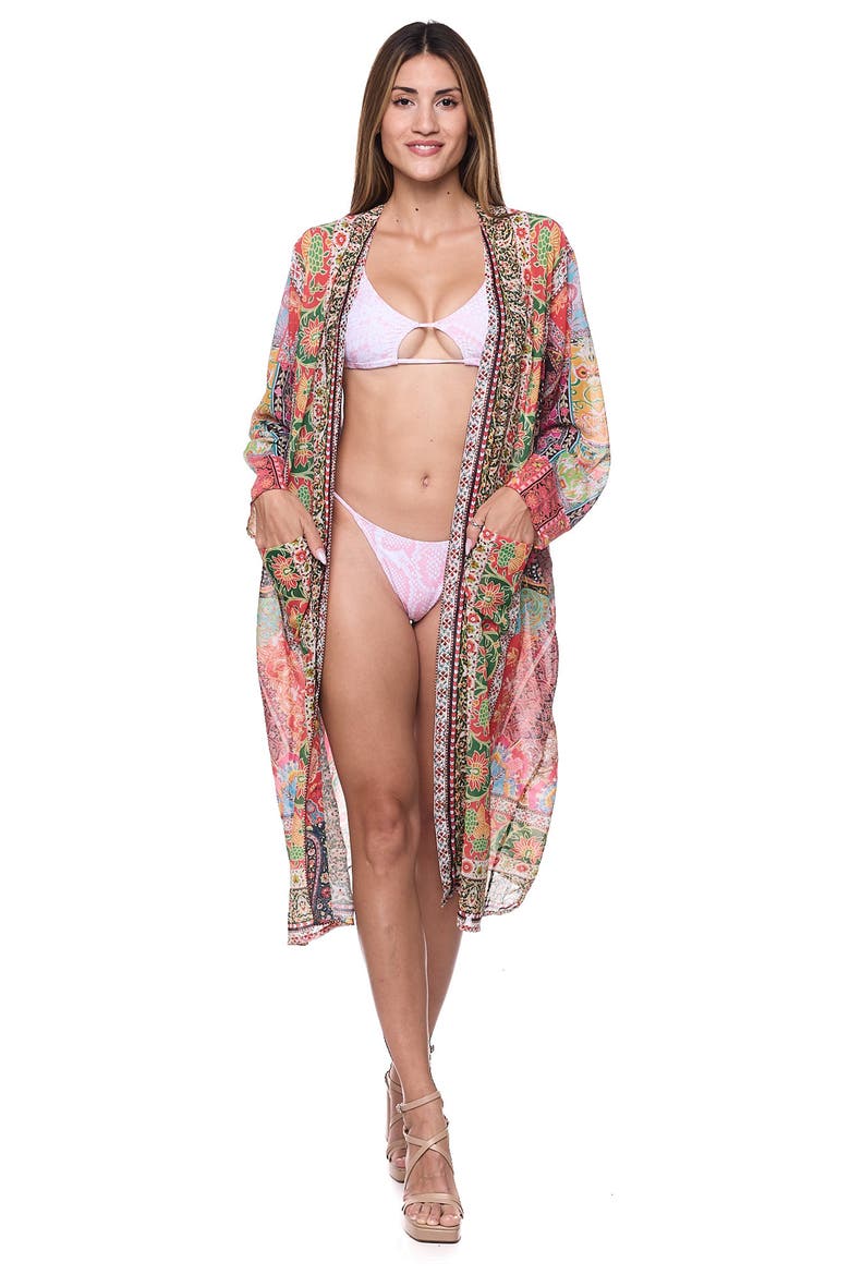 Tie Waist Longline Cover-Up Cape, Alternate, color, PINK