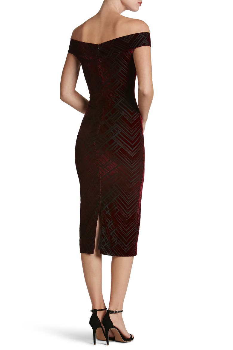 Eden Geo Print Velvet Off the Shoulder Dress, Alternate, color, BURGUNDY/ BLACK