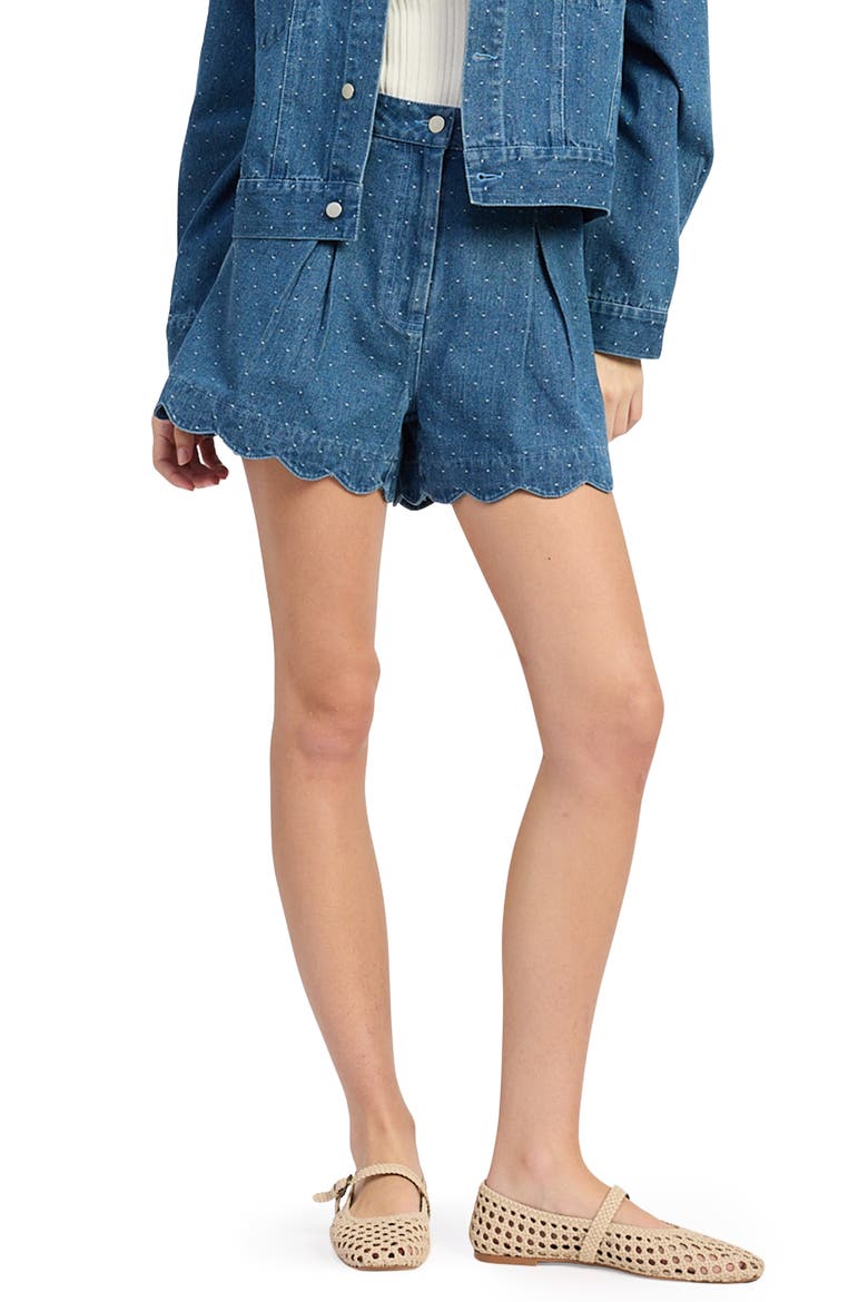 Heidi Scallop Hem Embroidered Jeans Shorts, Main, color, MEDIUM WASH DENIM