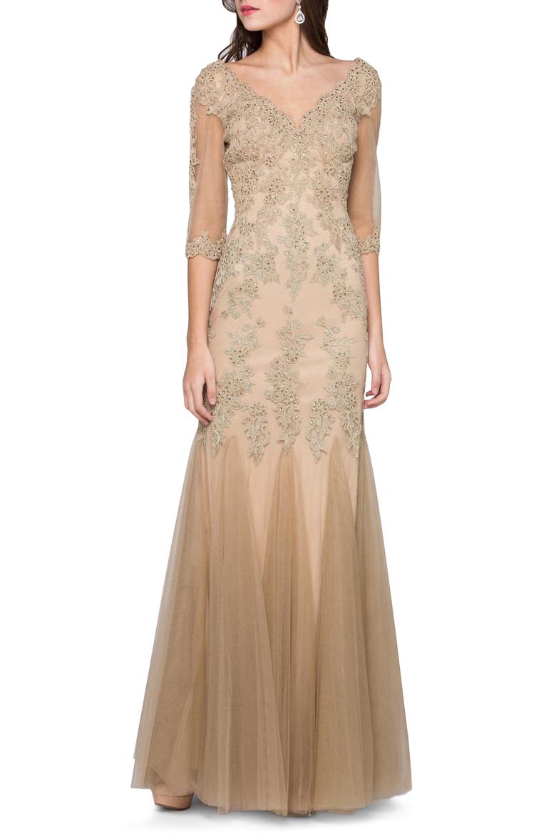 Godet Lace & Chiffon Trumpet Gown, Main, color, LATTE