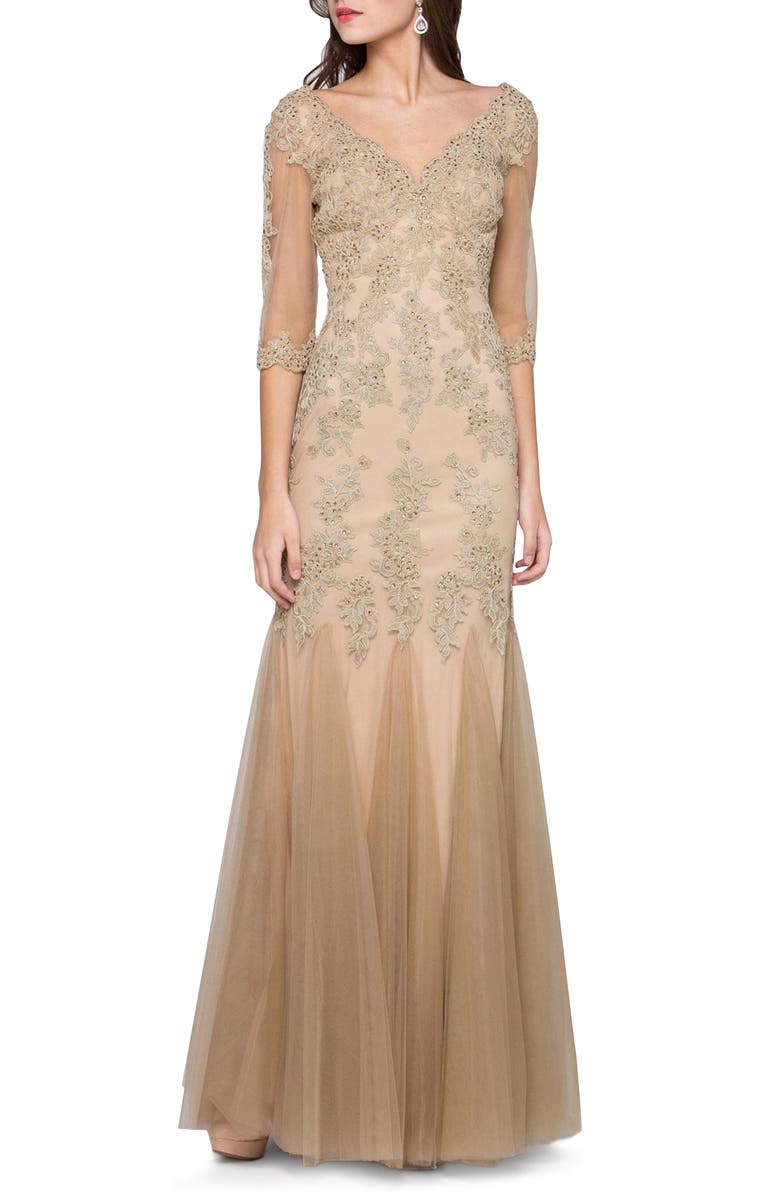 MARSONI Godet Lace & Chiffon Trumpet Gown, Main, color, 