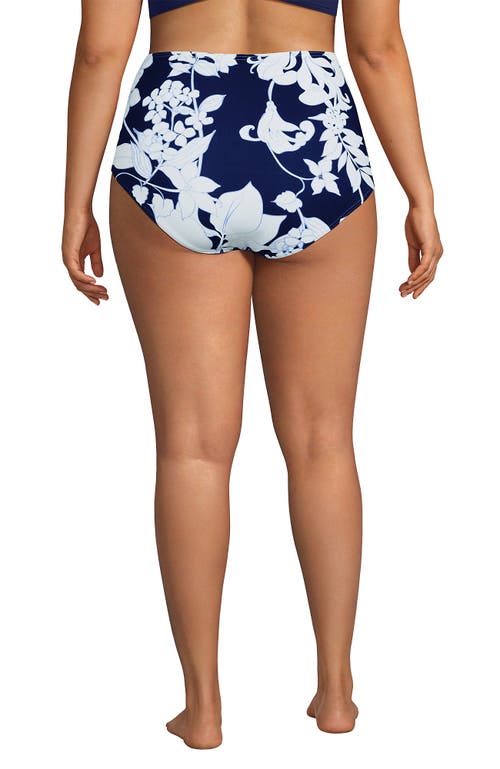 Shop Lands' End Sculpting Suit Chlorine Resistant Targeted Control Retro High Waisted Bikini Swim Bottoms In Deep Sea Navy/white Lilies