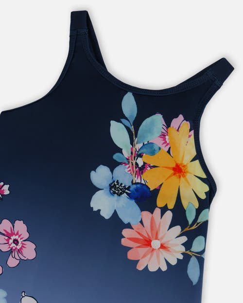 Deux Par Deux Little Girl's Printed Beach Dress Yellow, Pink Flowers On Navy Blue Background In Yellow Pink Flowers On Navy