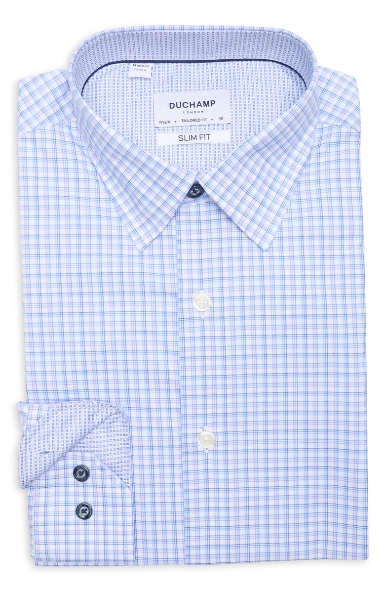 Duchamp Slim Fit Plaid Stretch Cotton Dress Shirt, Alternate, color, Navy