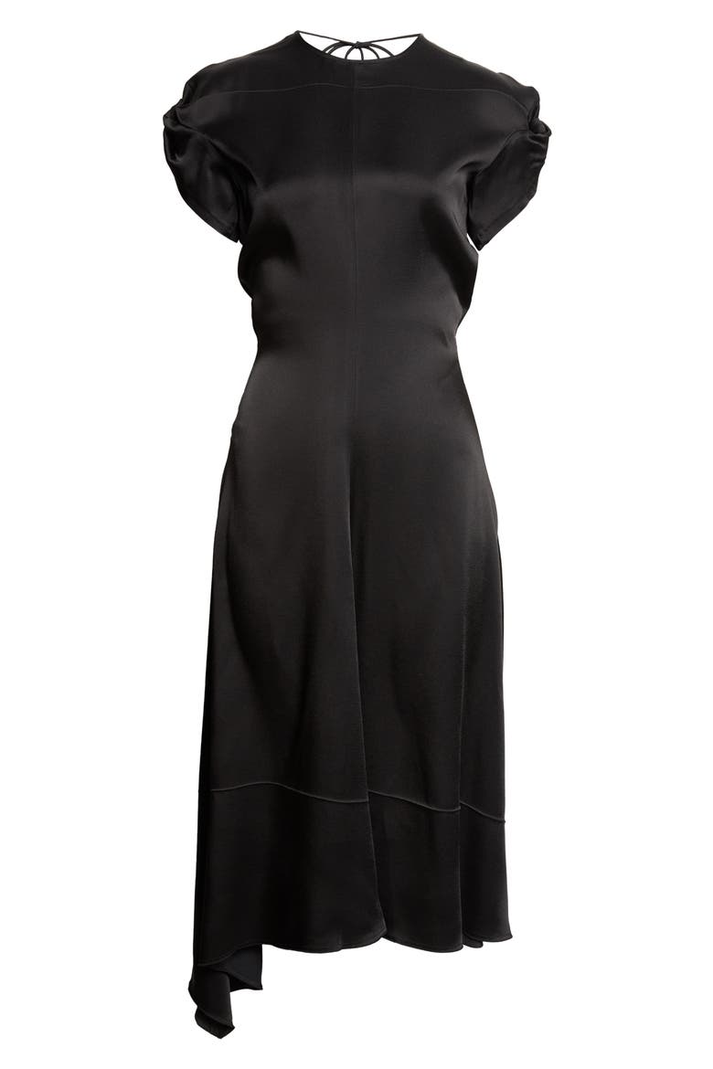 Twist Shoulder Asymmetric Satin Midi Dress, Alternate, color, BLACK