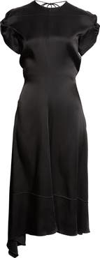 Victoria Beckham Twist Shoulder Asymmetric Satin Midi Dress