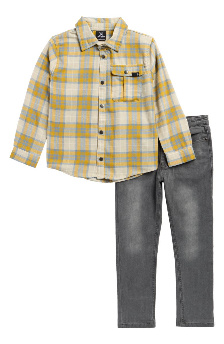 Volcom Kids' Flannel Button-Up Shirt & Jeans Set, Main, color, Multi Yellow