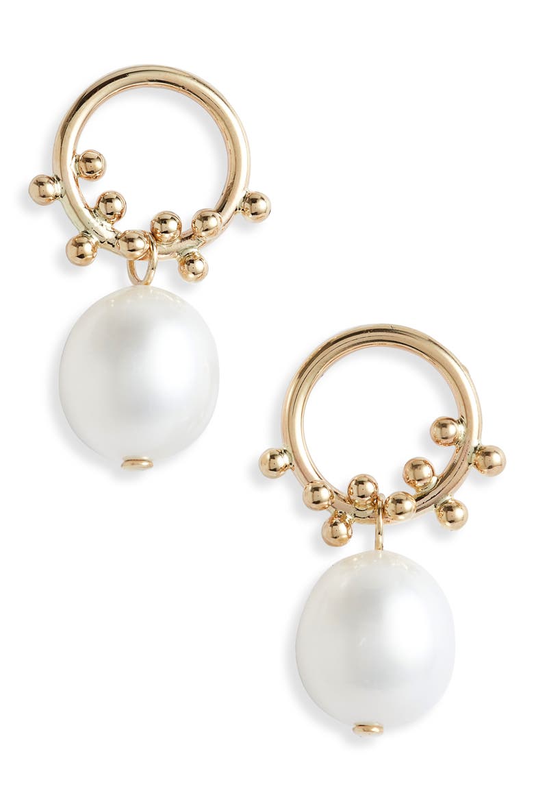 Cultured Pearl Bubble Front Hoop Earrings, Main, color, GOLD