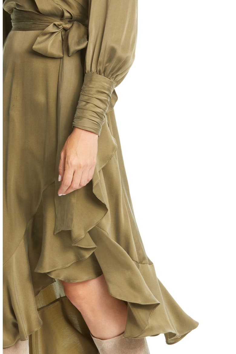 Long Sleeve Silk Satin Wrap Dress, Alternate, color, FENNEL