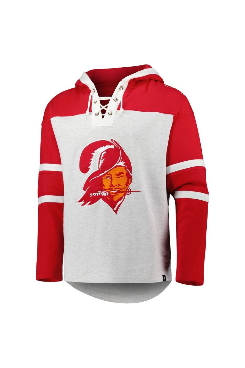 Men's '47 Tampa Bay Buccaneers Heather Gray Historic Logo Gridiron Lace-Up Pullover Hoodie, Alternate, color, Gray