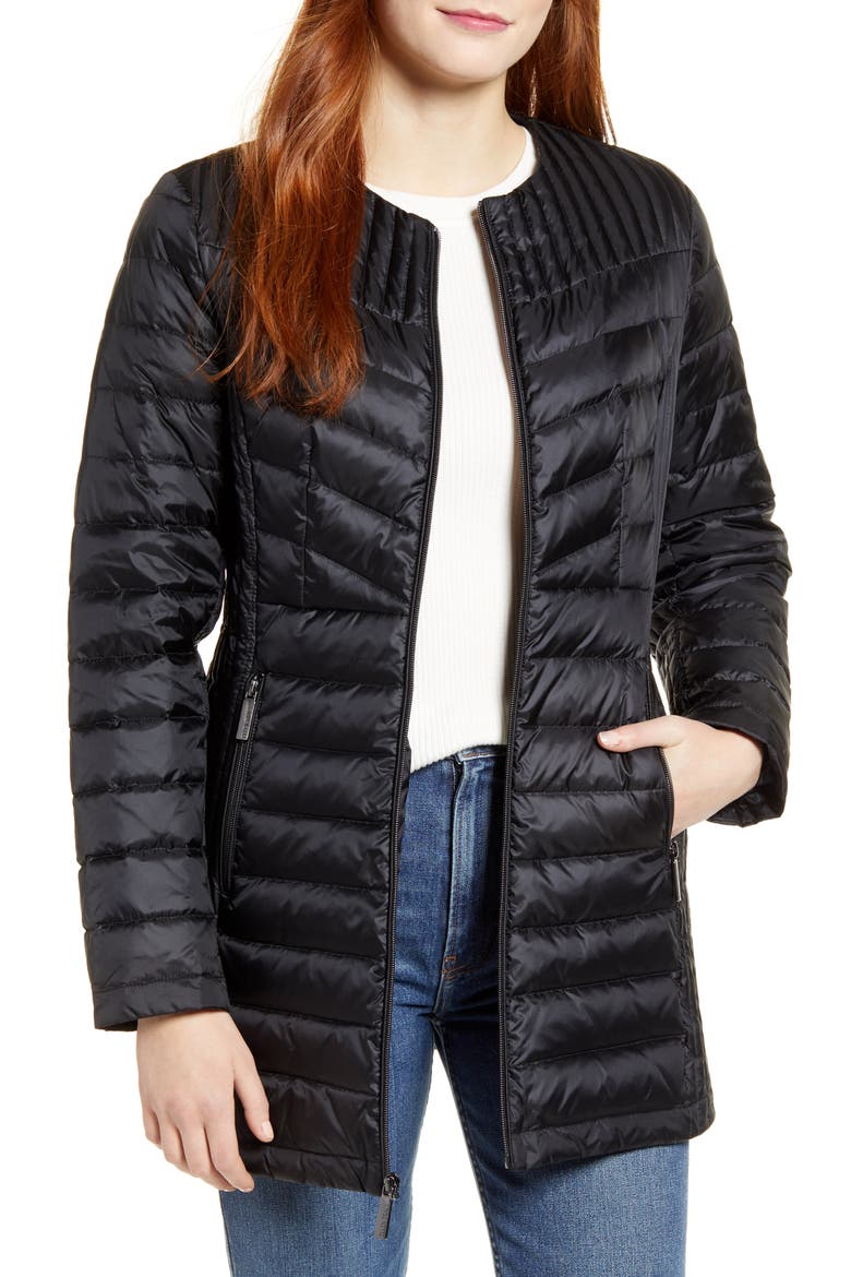 Collarless Packable Down Puffer Coat, Main, color, BLACK