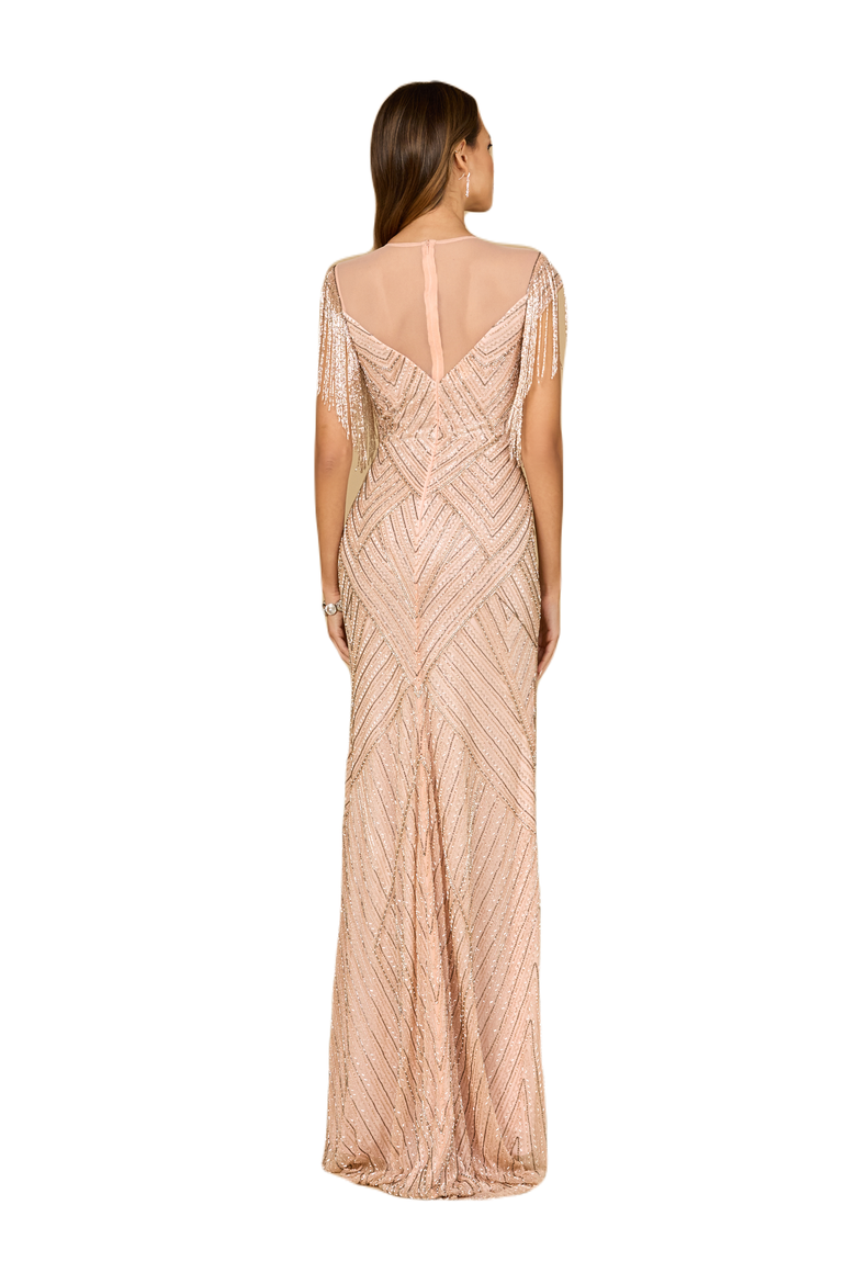 Beaded Fringe Illusion Dress with Cap Sleeves, Alternate, color, Blush