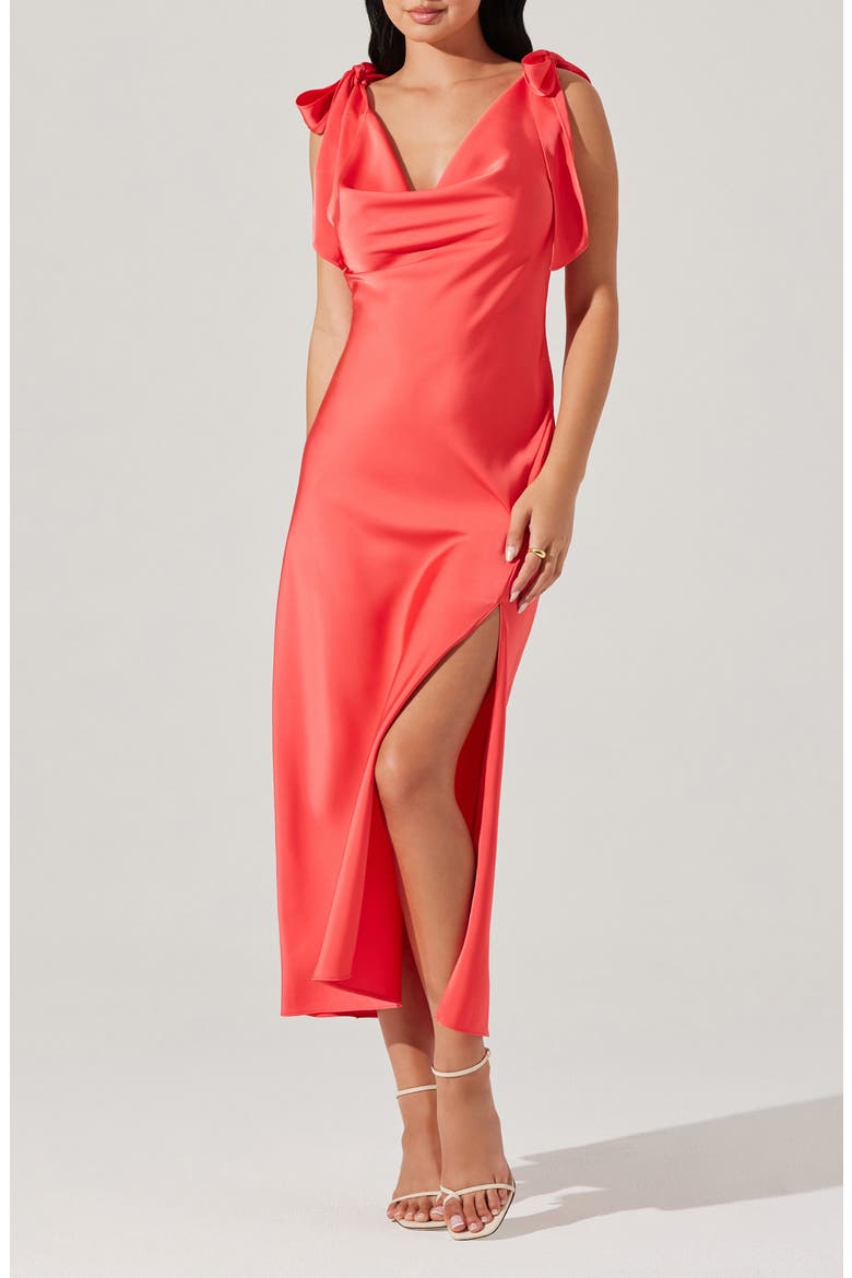 Allexina Tie Shoulder Satin Midi Dress, Alternate, color, CORAL