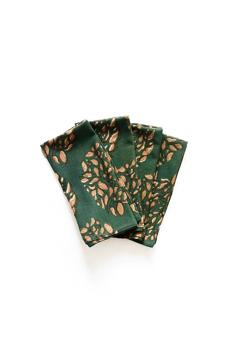 Ichcha Green Block Print Napkins - Organic Cotton Set of 4 | Leah, Main, color, Green