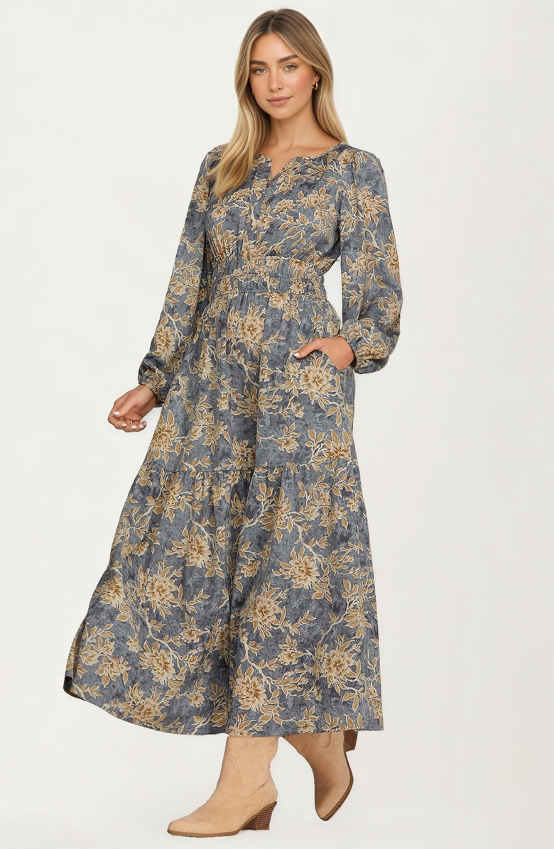 Knit and Lounge Floral Print Long Sleeve Maxi Dress with Smocked Waist, Alternate, color, 