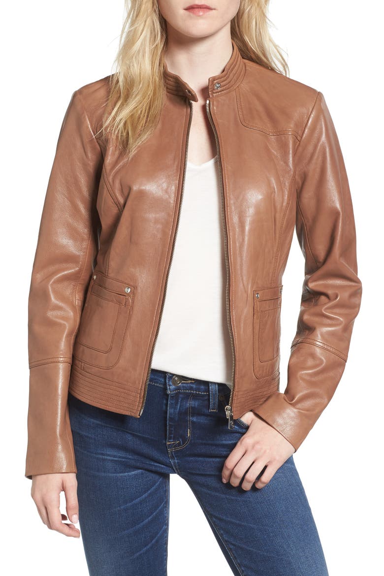 Leather Moto Jacket, Main, color, TOBACCO