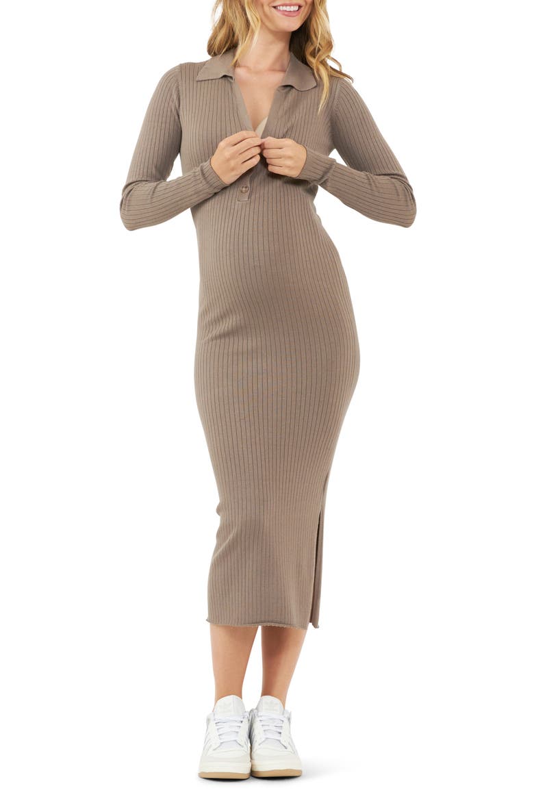 Sammy Rib Long Sleeve Maternity/Nursing Polo Dress, Alternate, color, MOCHA