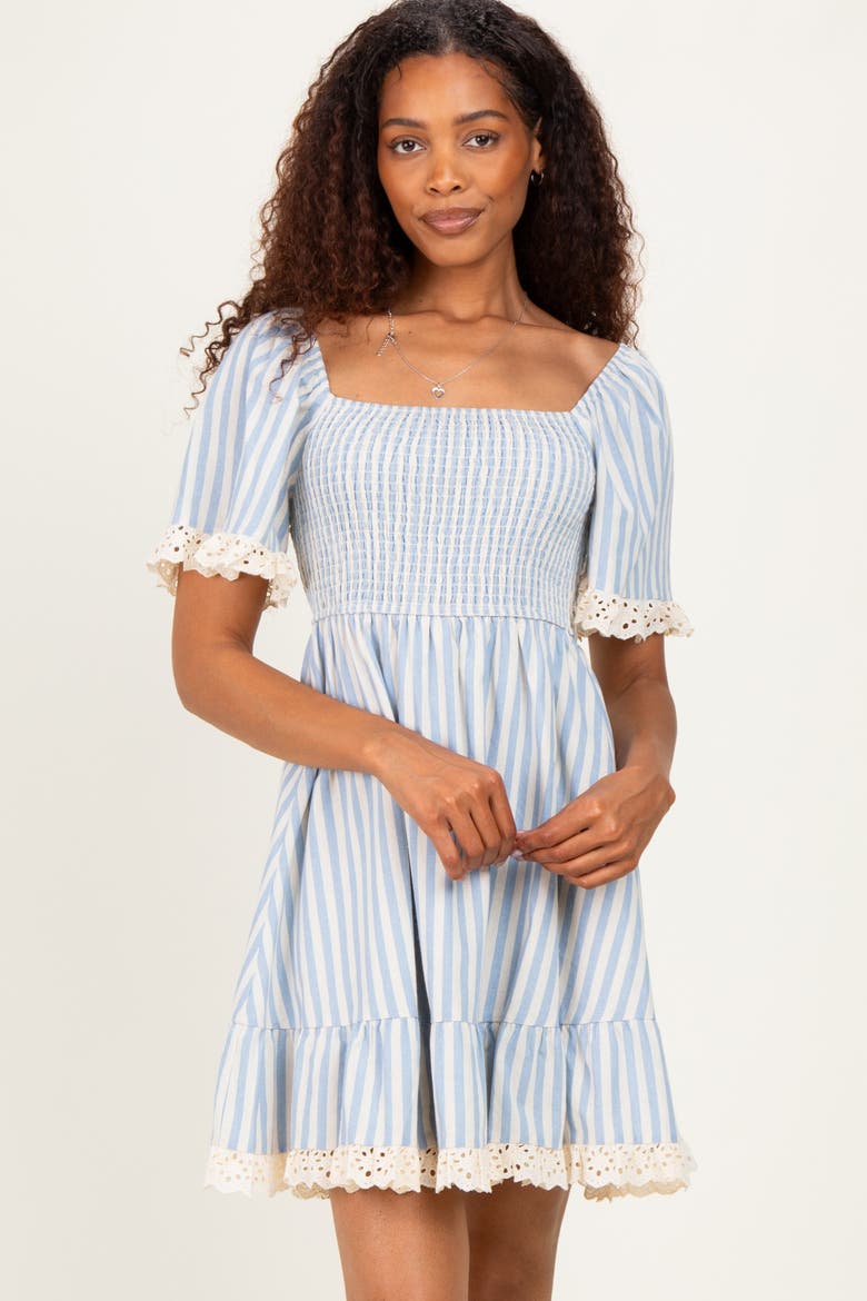 Striped Smocked Lace Trim Dress, Alternate, color, Light Blue
