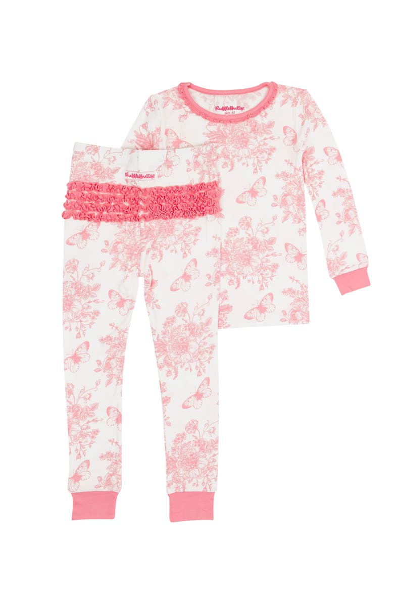 RuffleButts SoftSnooze Toddler Girls Ruffle Long Sleeve Pajama Set, Main, color, Bubblegum Pink Butterfly Toile