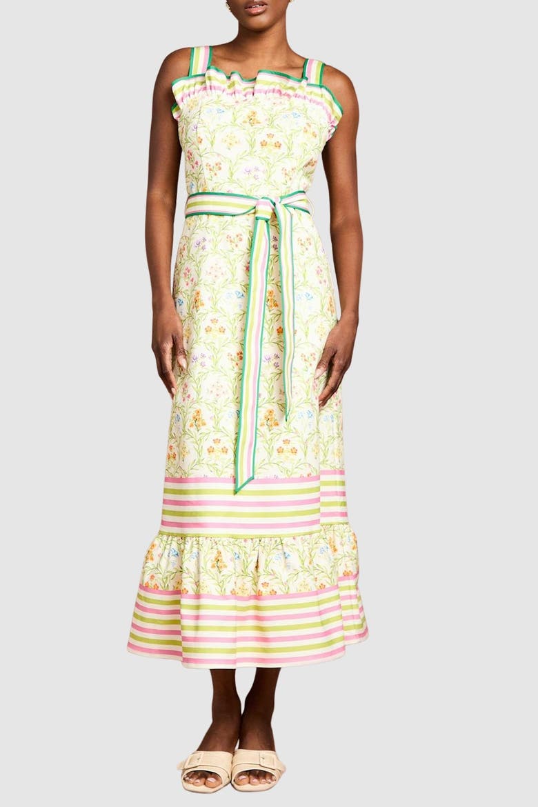 Printed Ruffle Midi Dress, Alternate, color, Ivory