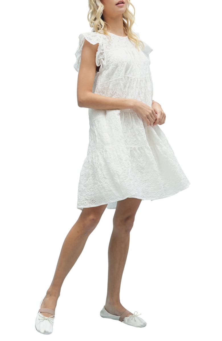 WISHLIST Embroidered Eyelet Ruffle Cap Sleeve Babydoll Minidress, Alternate, color, Off White