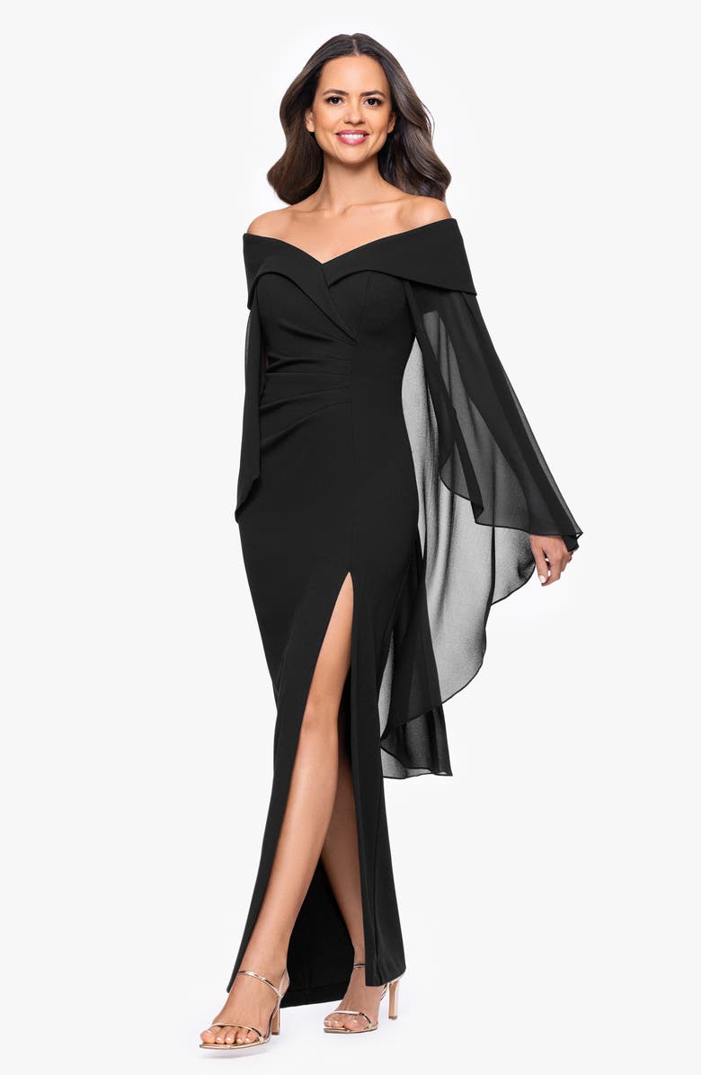 Xscape Evenings Off the Shoulder Capelet Cocktail Dress, Alternate, color, Black