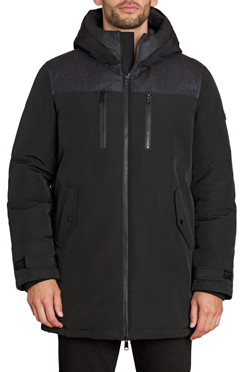 Sam Edelman Expedition Water Resistant Mixed Media Hooded Insulated Coat, Main, color,