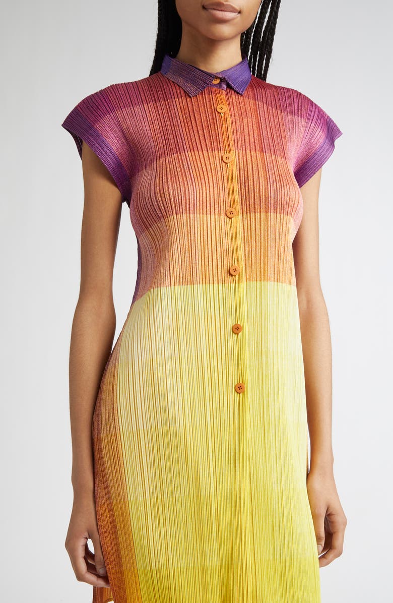 Pleats Please Issey Miyake Photon Print Pleated Shirtdress, Alternate, color, Yellow