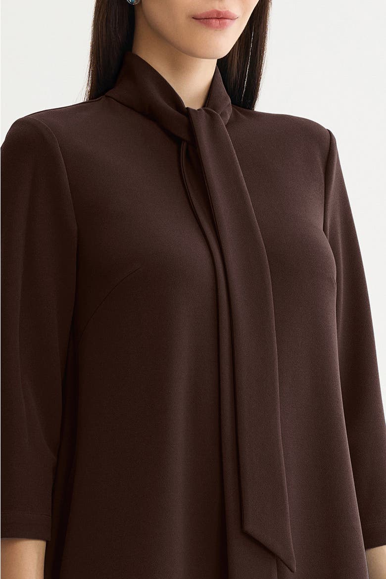 Stretch Deco Crepe Tie Neck Tent Dress, Alternate, color, Dark Umber
