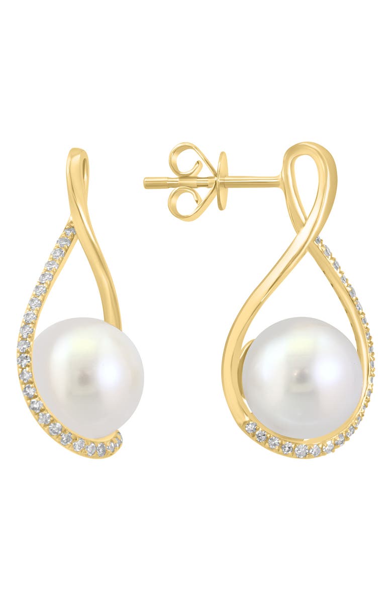 EFFY 14K Yellow Gold 9–10mm Freshwater Pearl & Diamond Drop Earrings - 0.19ct., Main, color, 