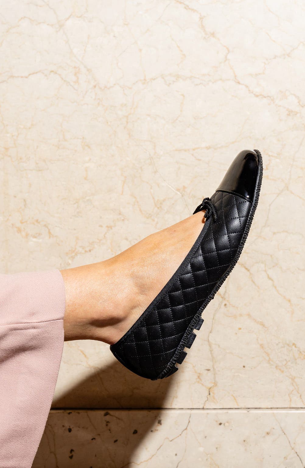 PAUL MAYER Cozy Quilted Cap Toe Ballet Flat, Alternate, color, Black Pat/ Black Leather