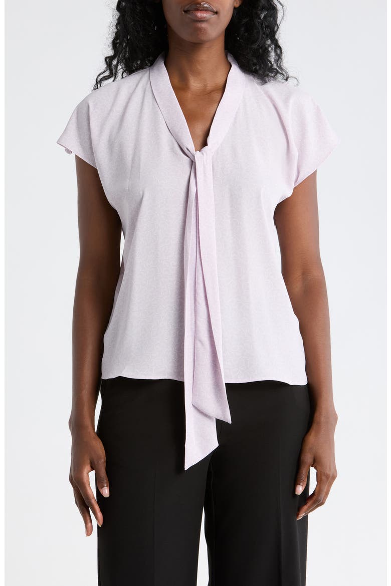 Tie Neck Flutter Sleeve Top, Main, color, PURPLE HUSH RING GEO