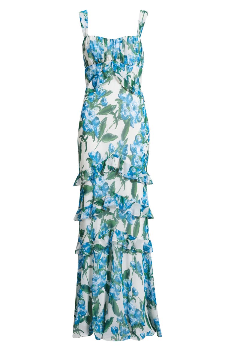 Floral Ruffle Empire Waist Chiffon Gown, Alternate, color, IVORY/ BLUE