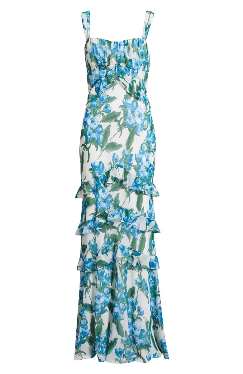 Julia Jordan Floral Ruffle Empire Waist Chiffon Gown, Alternate, color, Ivory/ Blue