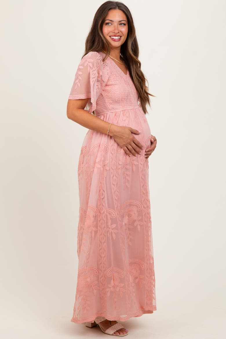Smocked Top Lace Maxi Dress, Alternate, color, Pink
