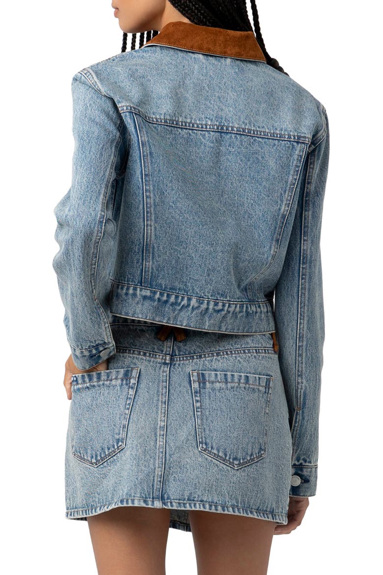 Faux Suede Trim Denim Trucker Jacket, Alternate, color, RODEO DRIVE