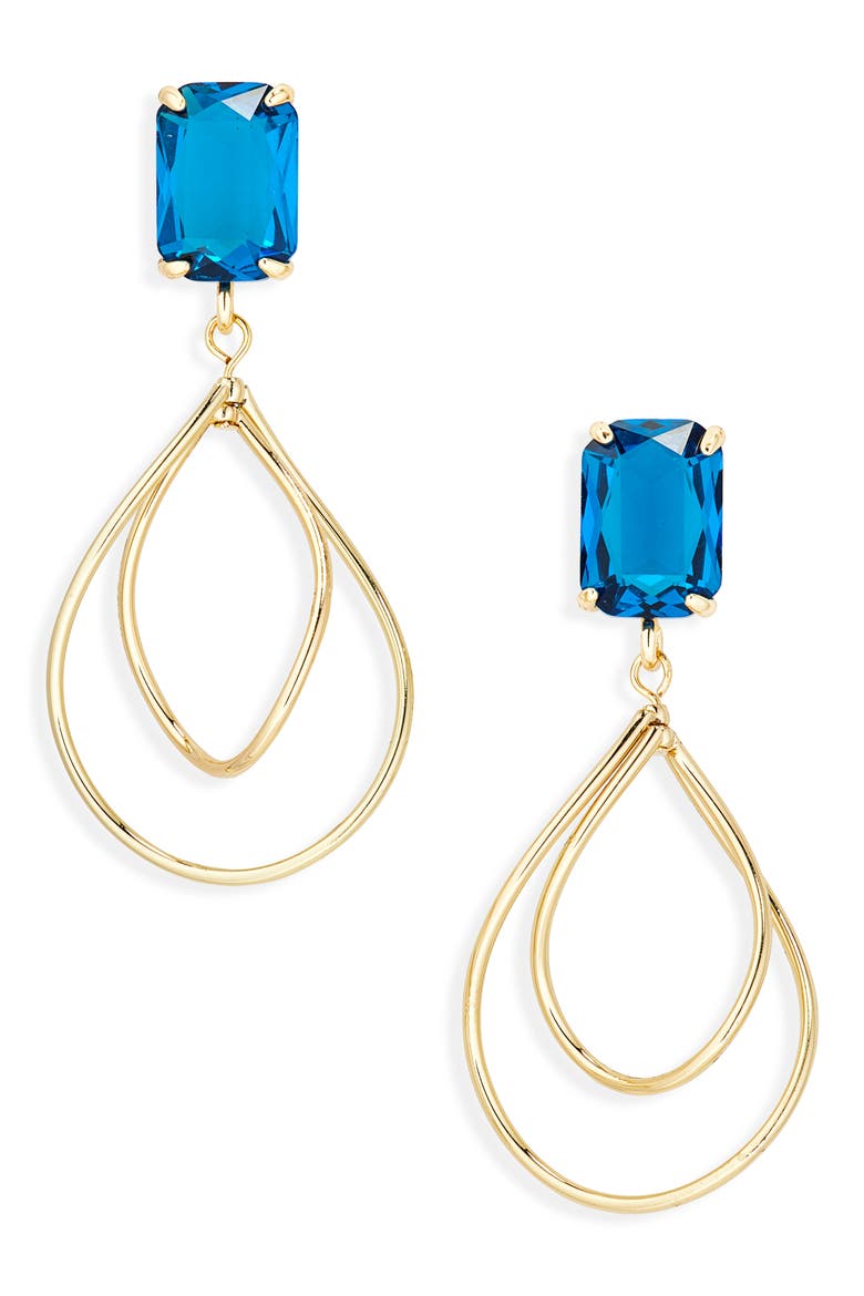 Blue Crystal Drop Earrings, Main, color, GOLD