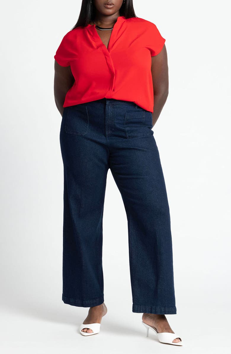 ELOQUII Short Sleeve Band Collar Shirt, Alternate, color,