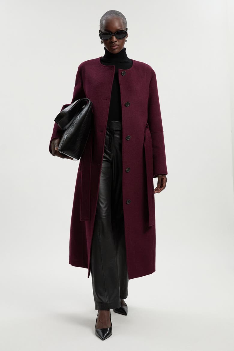 Wool Single Breasted Belted Maxi Coat, Main, color, Burgundy
