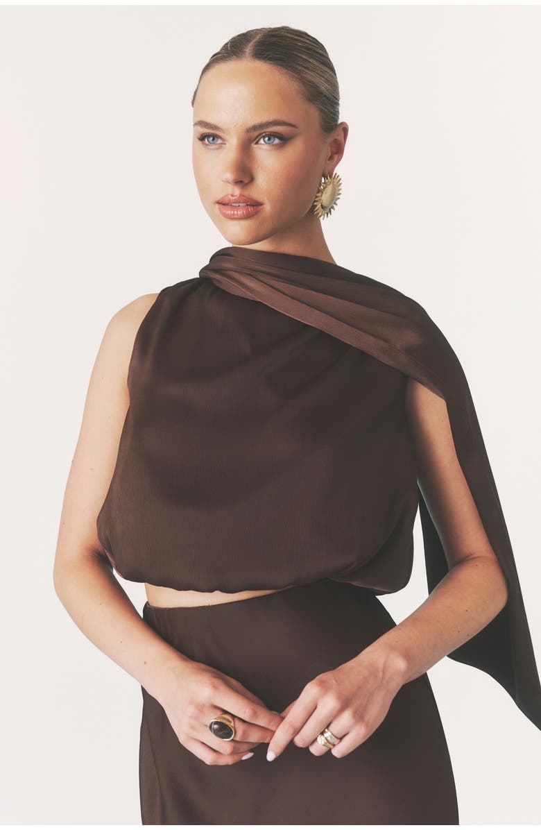 Six Stories Satin Drape Detail High Neck Top, Main, color, Chocolate
