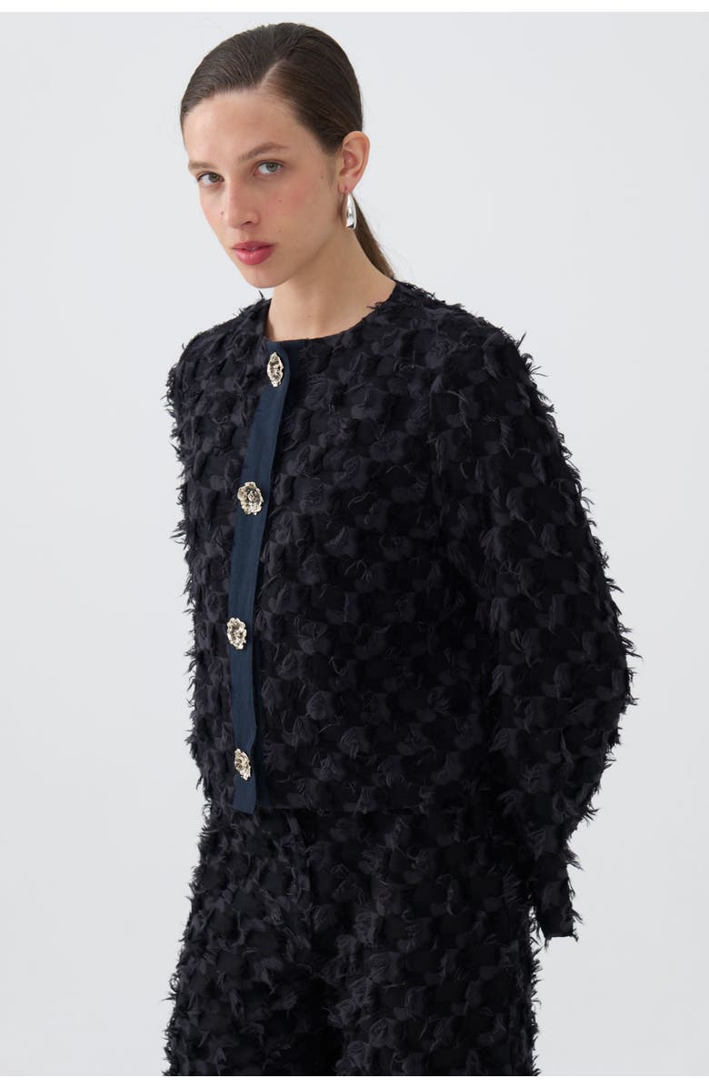 Nocturne Collarless Tassel Textured Jacket, Main, color,