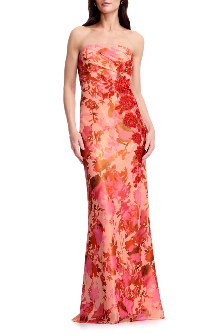 Kinley Floral Appliqué Strapless Gown, Main, color, PEACH MULTI